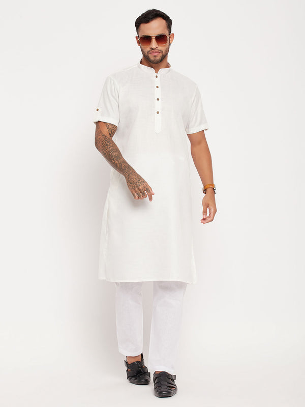 Jashvi Men's Cream Solid Kurta with White Pyjama Set