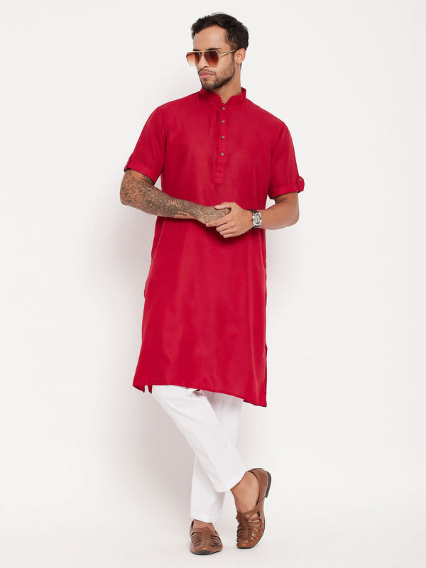 Jashvi Men's Maroon Solid Kurta with White Pant style Cotton Pyjama Set