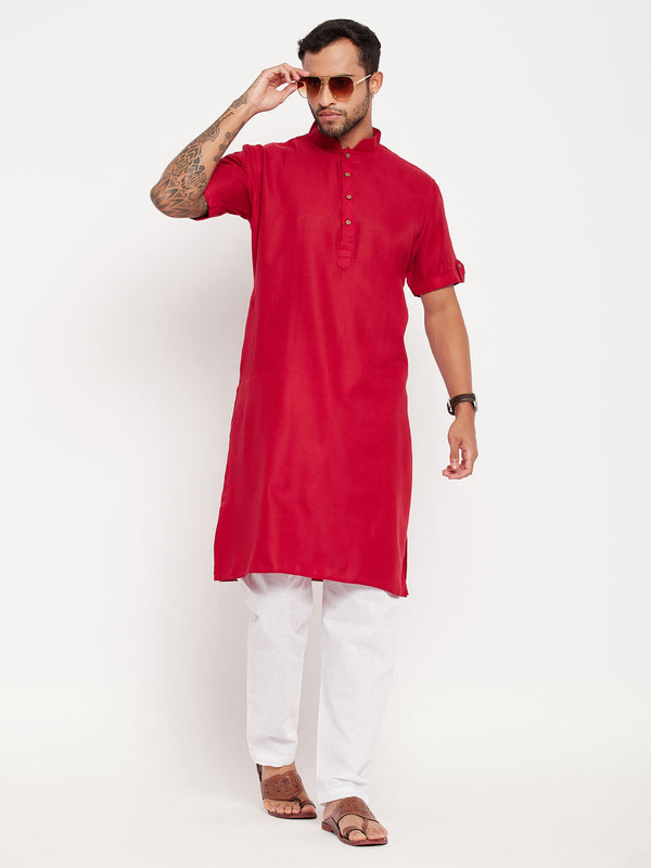 Jashvi Men's Maroon Solid Kurta with White Pyjama Set