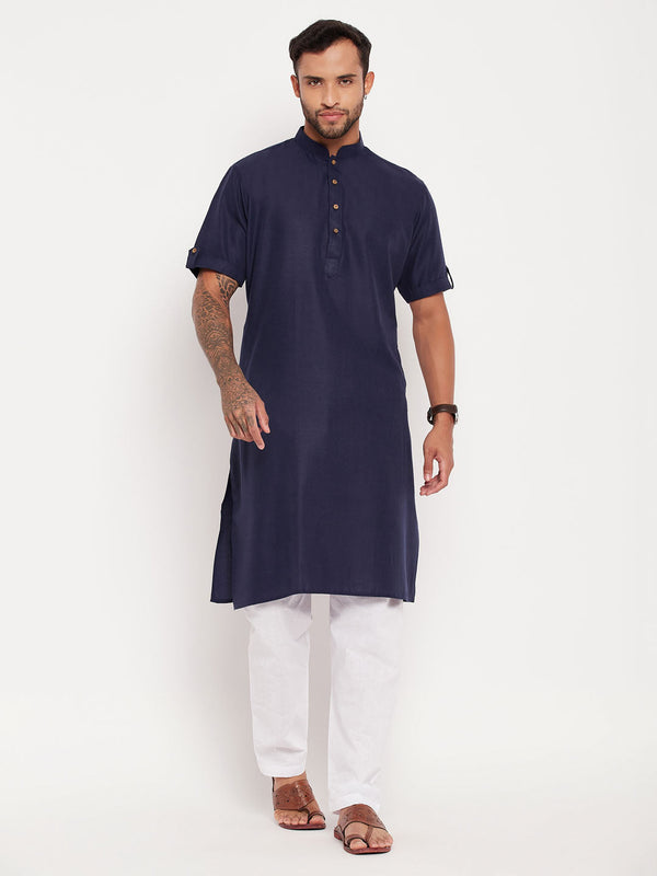 Jashvi Men's Navy Blue Solid Kurta with White Pyjama Set