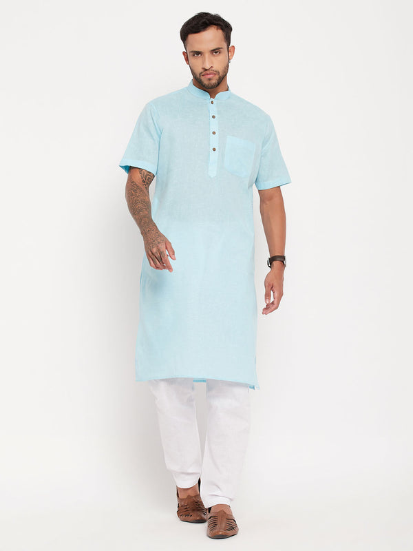 Jashvi Men's Aqua Blue Solid Kurta with White Pyjama Set