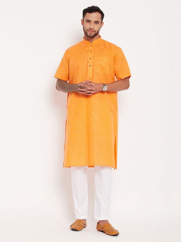 Jashvi Men's Orange Solid Kurta with White Pant Style Pyjama Set