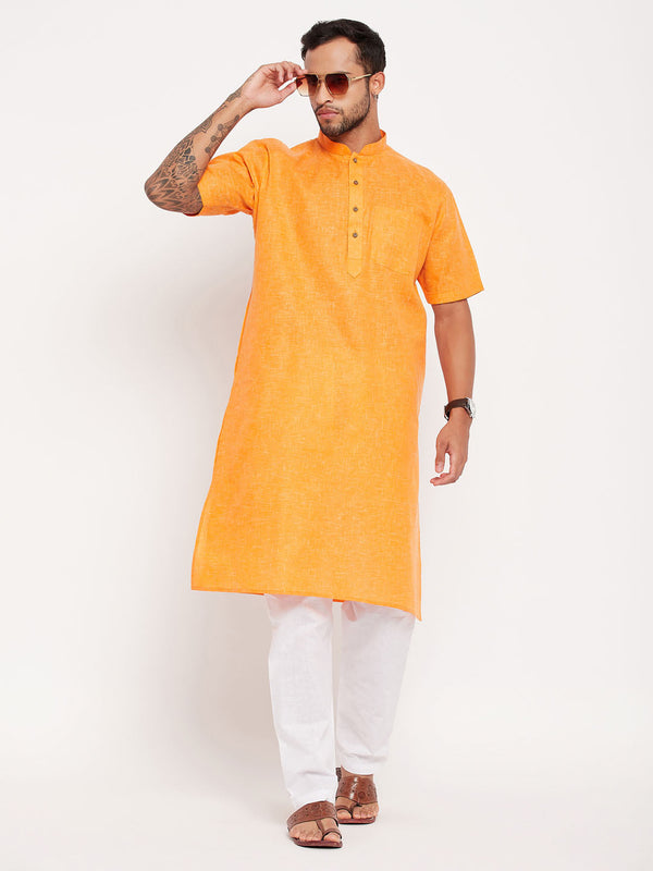 Jashvi Men's Orange Solid Kurta with White Pyjama Set