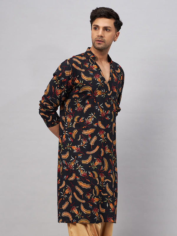 Jashvi Men's Black Printed Kurta