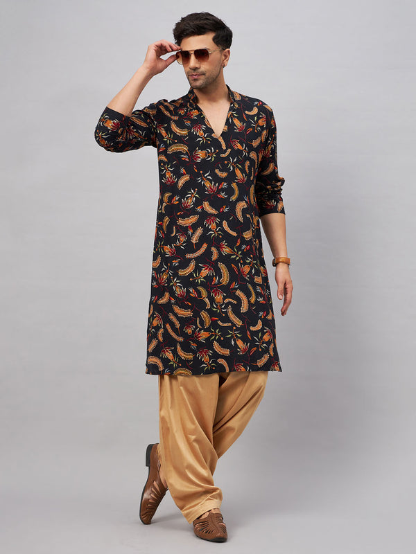 Jashvi Men's Black Printed Kurta with Patiala Set