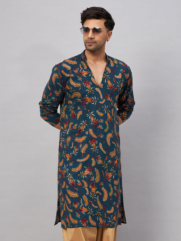 Jashvi Men's Blue Printed Kurta