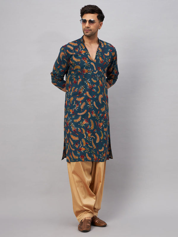 Jashvi Men's Blue Printed Kurta with Patiala Set