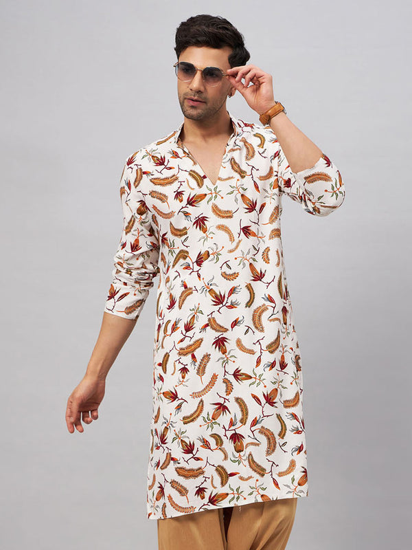 Jashvi Men's White Printed Kurta