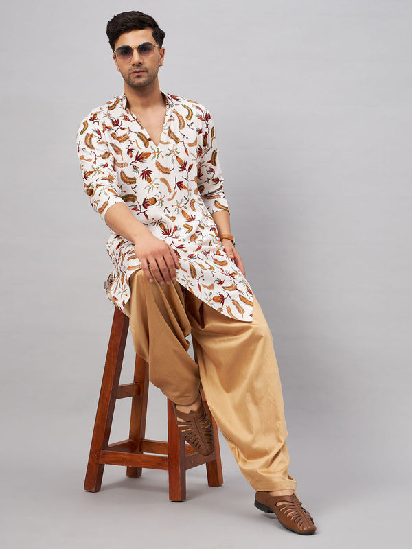 Jashvi Men's White Printed Kurta with Patiala Set