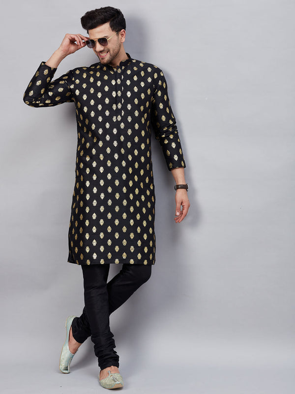 Jashvi Men's Black Foil Print Silk Blend Kurta Pyjama Set