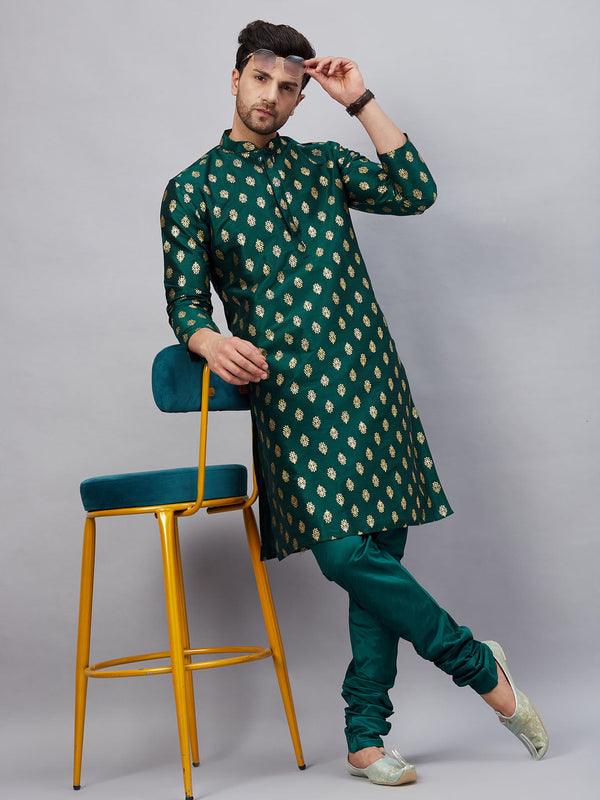 Jashvi Men's Green Foil Print Silk Blend Kurta Pyjama Set