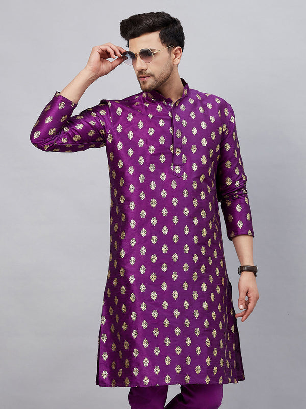 Jashvi Men's Purple Foil Print Silk Blend Kurta