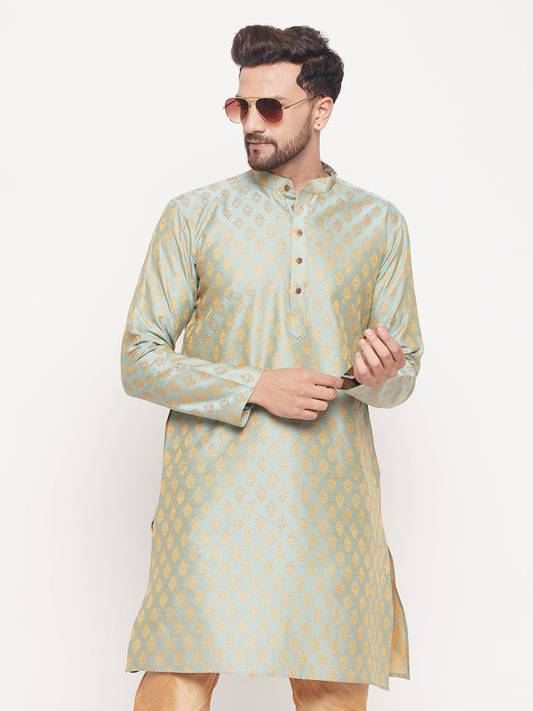 Jashvi Men's Mint Green Woven Kurta