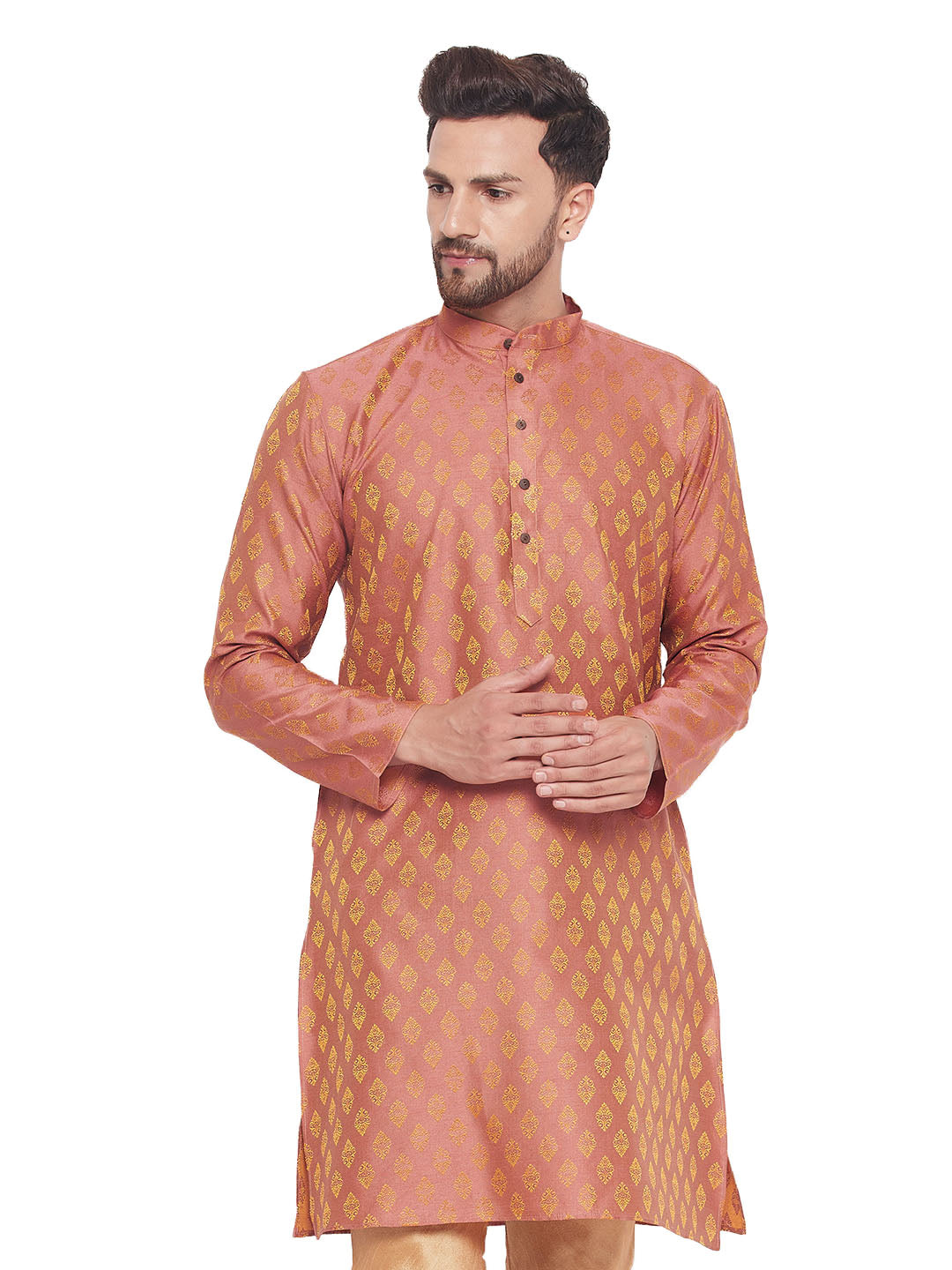 Men's Silk Blend Jacquard Kurta With Wooden Button Detailing - Vastramay