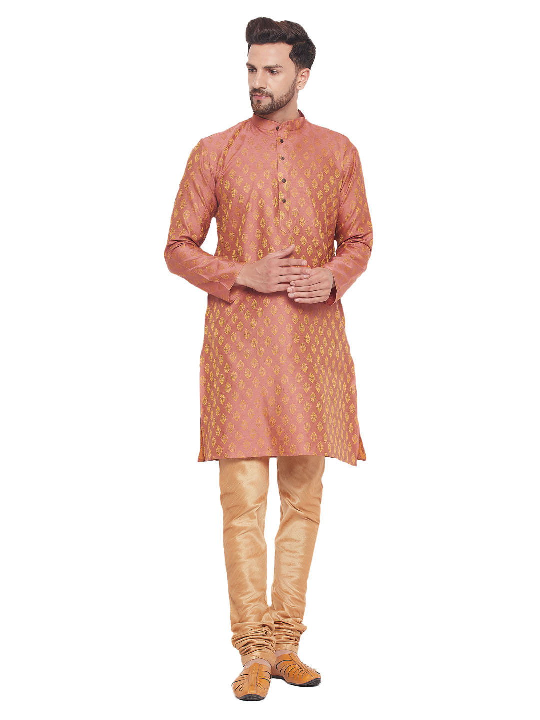 Men's Silk Blend Jacquard Kurta And Pyjama Set With Wooden Button Detailing - Vastramay