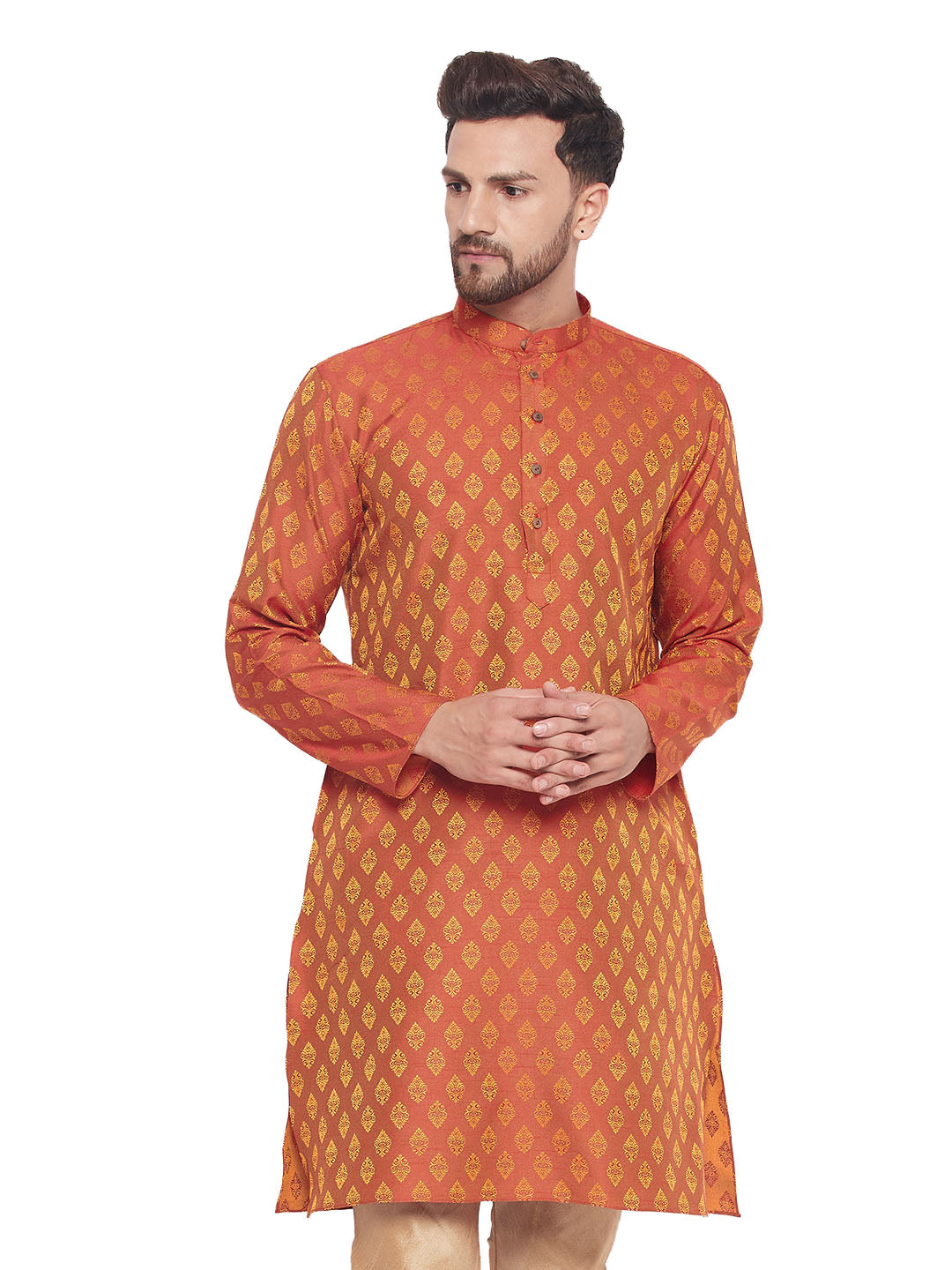 Men's Silk Blend Jacquard Kurta With Wooden Button Detailing - Vastramay