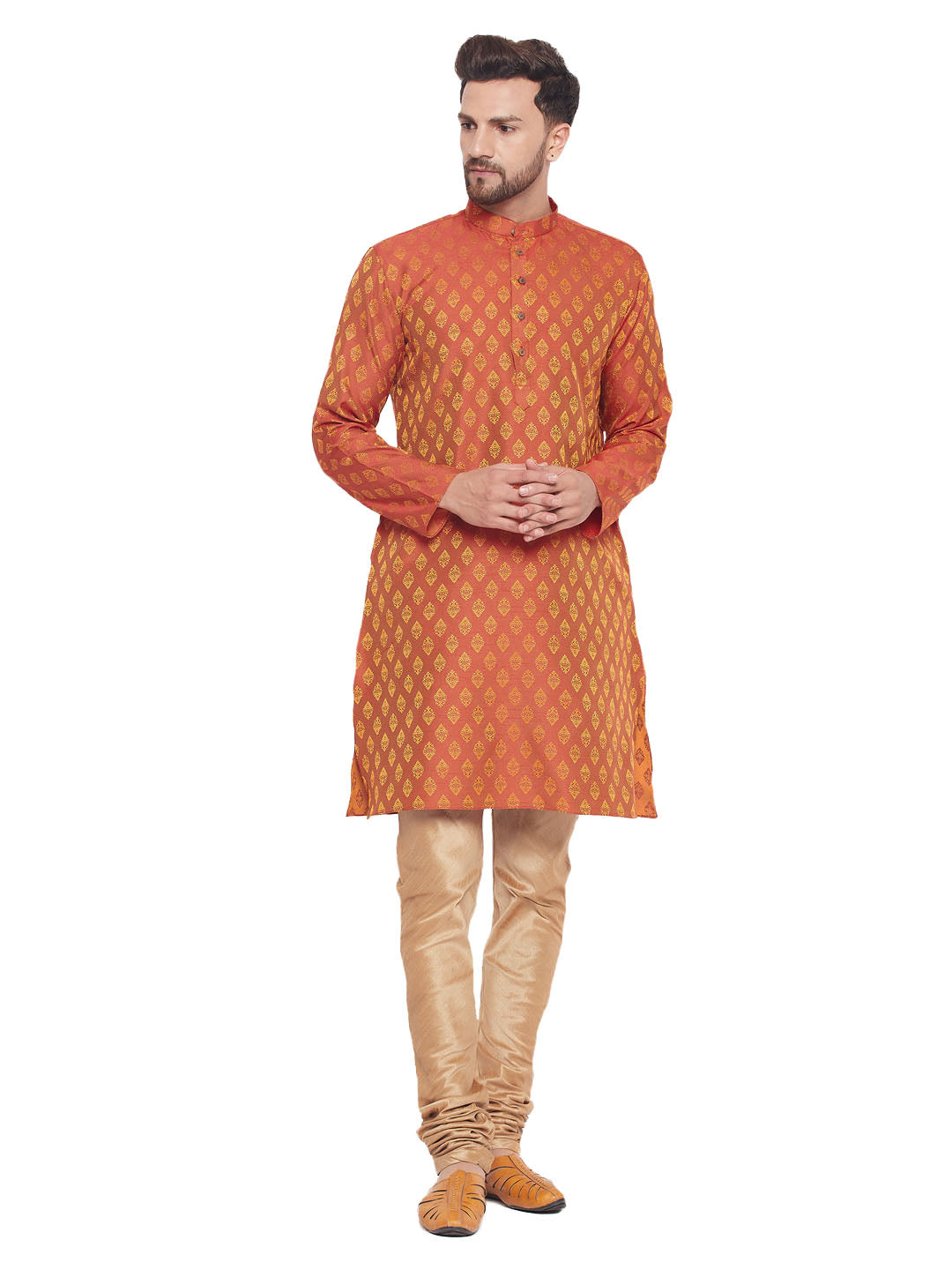 Men's Silk Blend Jacquard Kurta And Pyjama Set With Wooden Button Detailing - Vastramay