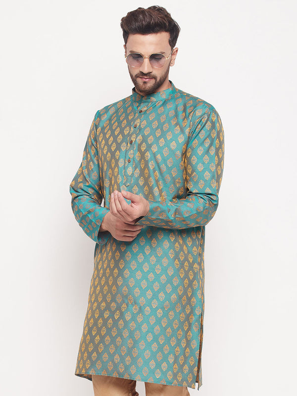 Jashvi Men's Turquoise Blue Woven Kurta