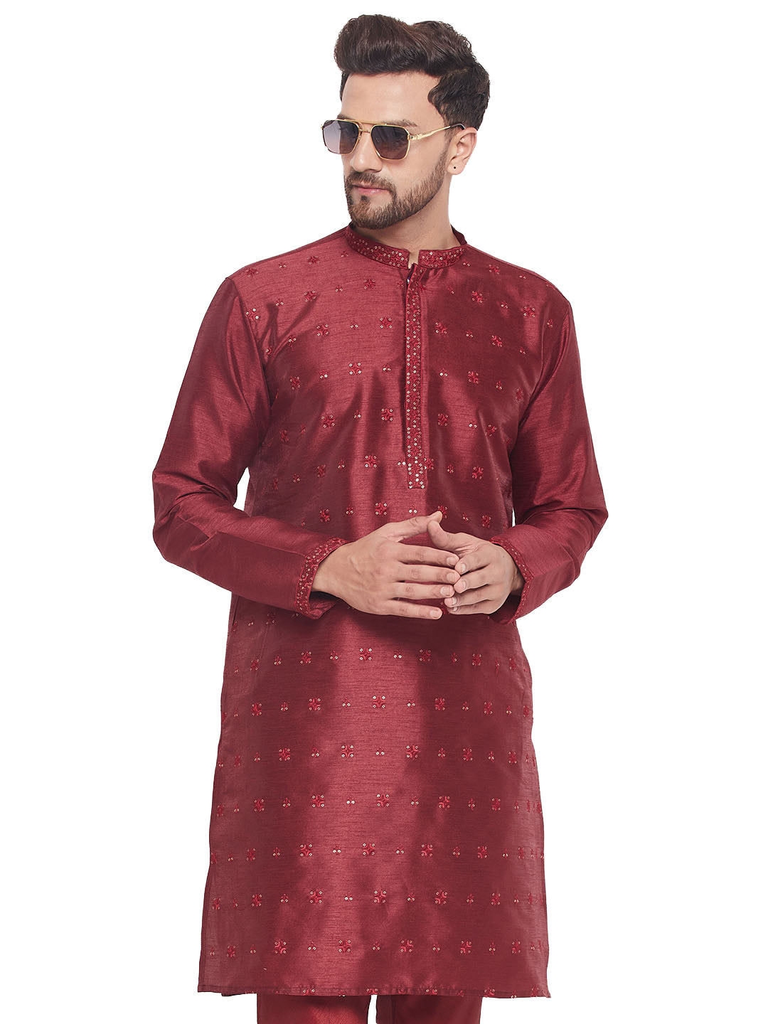 Men's Classic Embroidered Silk Blend Kurta - Vastramay