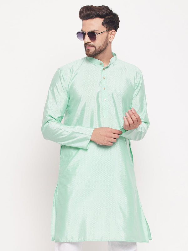 Jashvi Men's Aqua Blue Square Woven Design Silk Blend Kurta