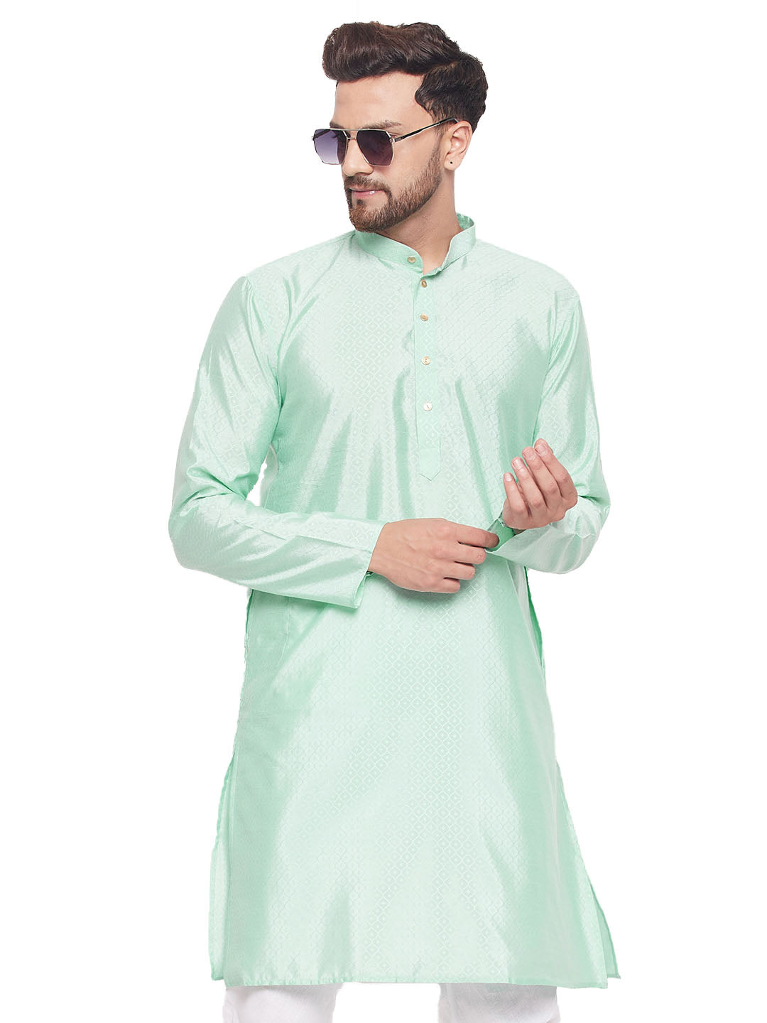 Men's Classic Ethnic Motif Jacquard Silk Blend Kurta With Golden Buttons - Vastramay