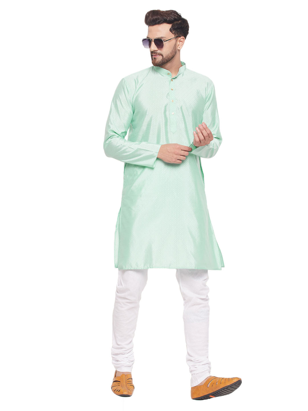 Men's Classic Ethnic Motif Jacquard Silk Blend Kurta With Golden Buttons And White Cotton Pyjama - Vastramay