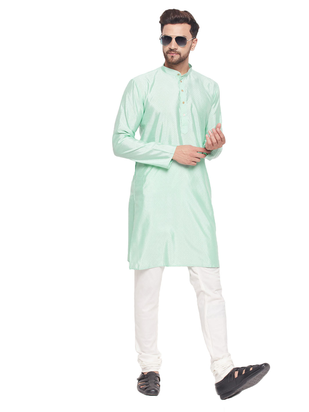 Men's Classic Ethnic Motif Jacquard Silk Blend Kurta With Golden Buttons And Cream Pyjama - Vastramay