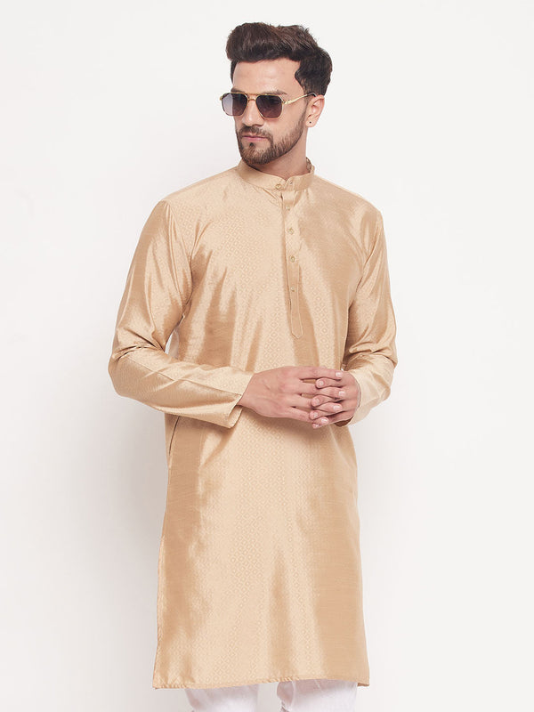 Jashvi Men's Beige Square Woven Design Silk Blend Kurta