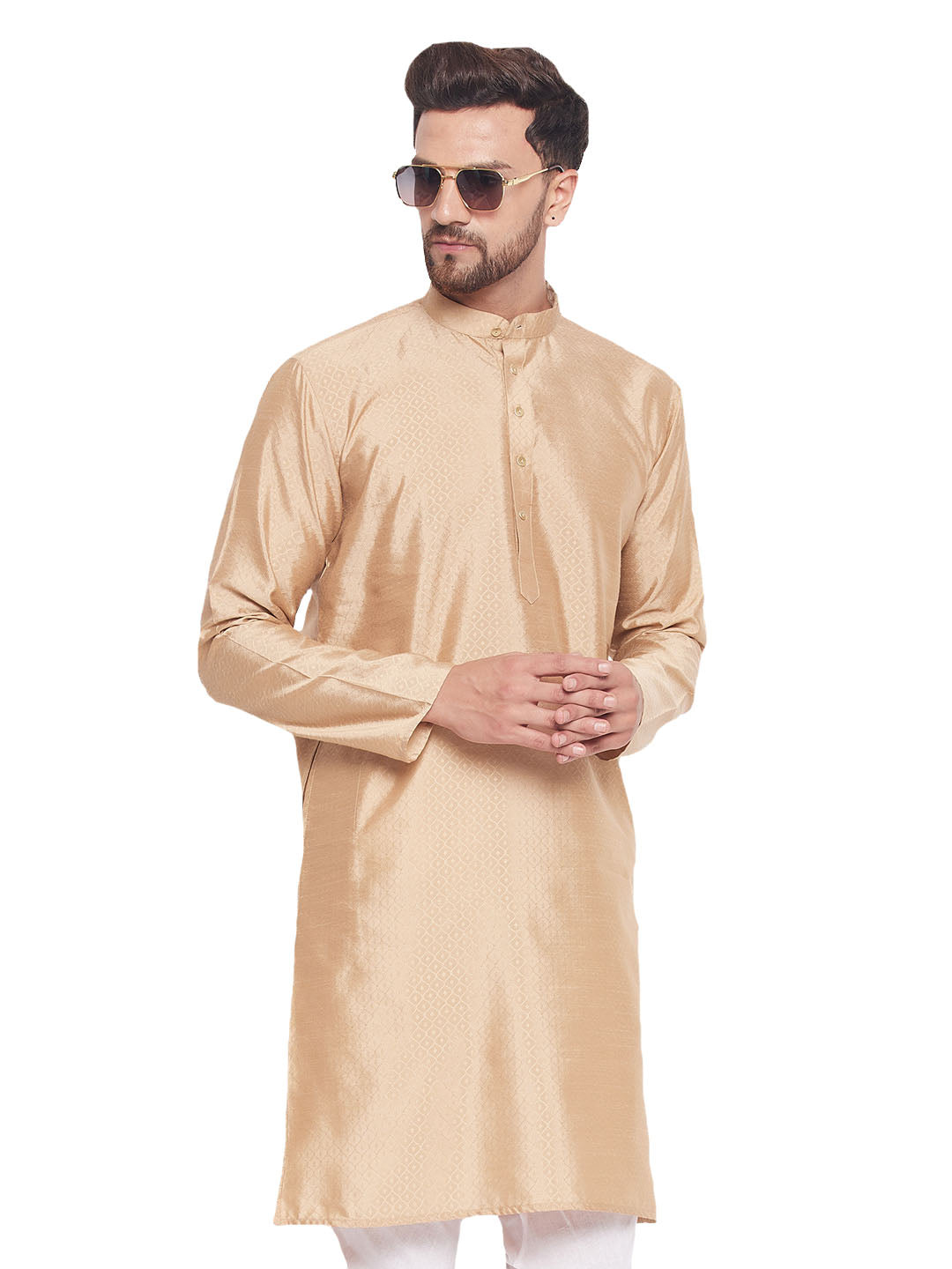 Men's Classic Ethnic Motif Jacquard Silk Blend Kurta With Golden Buttons - Vastramay