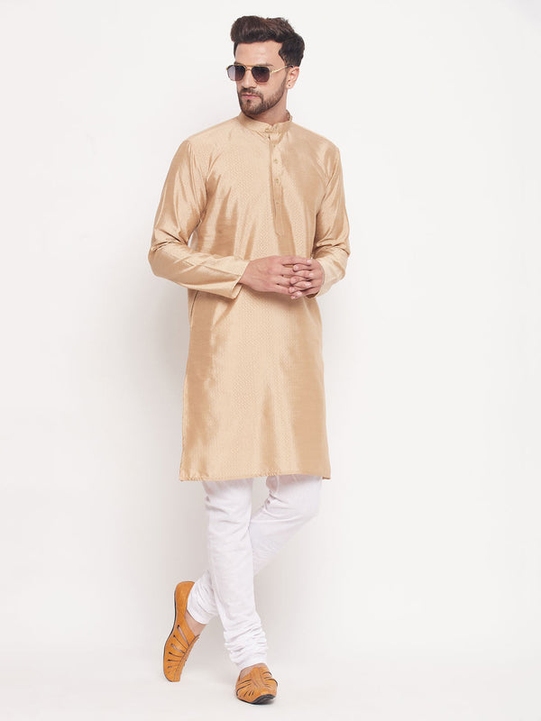 Jashvi Men's Beige Square Woven Silk Blend Kurta With White Pyjama Set