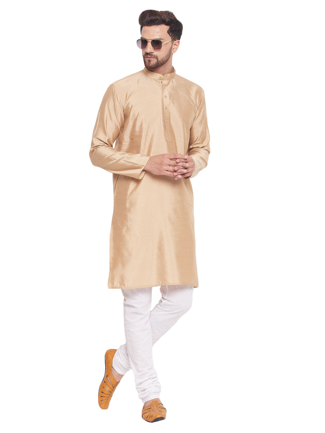 Men's Classic Ethnic Motif Jacquard Silk Blend Kurta With Golden Buttons And White Cotton Pyjama - Vastramay