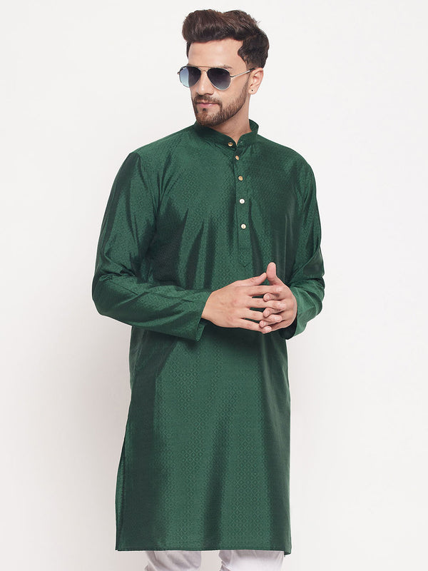 Jashvi Men's Green Square Woven Design Silk Blend Kurta