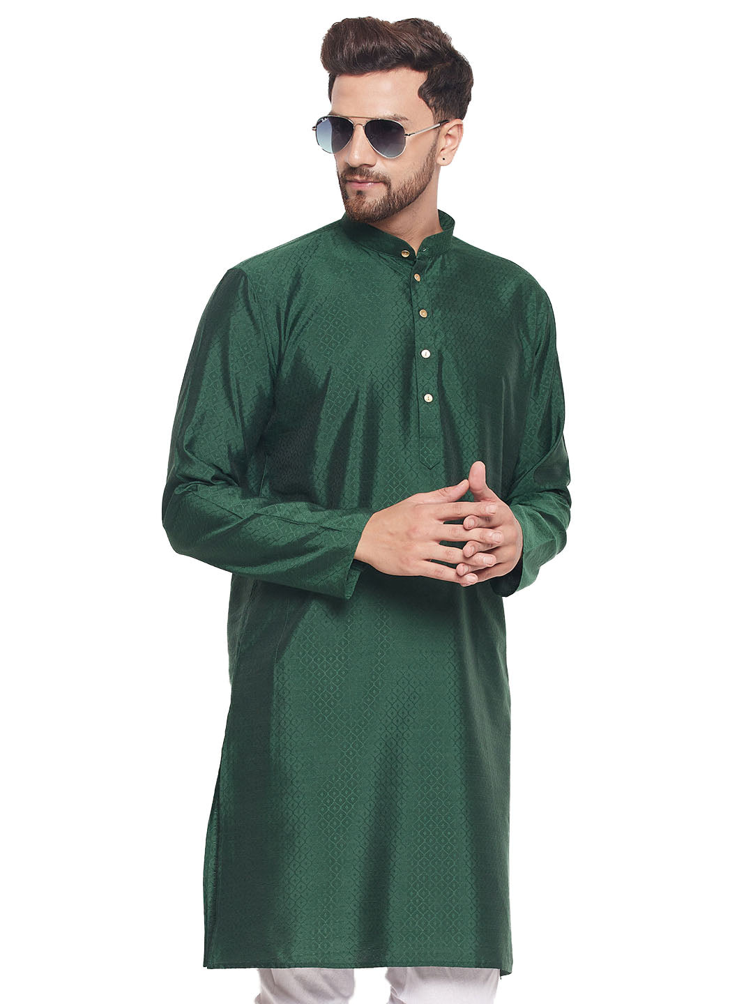 Men's Classic Ethnic Motif Jacquard Silk Blend Kurta With Golden Buttons - Vastramay