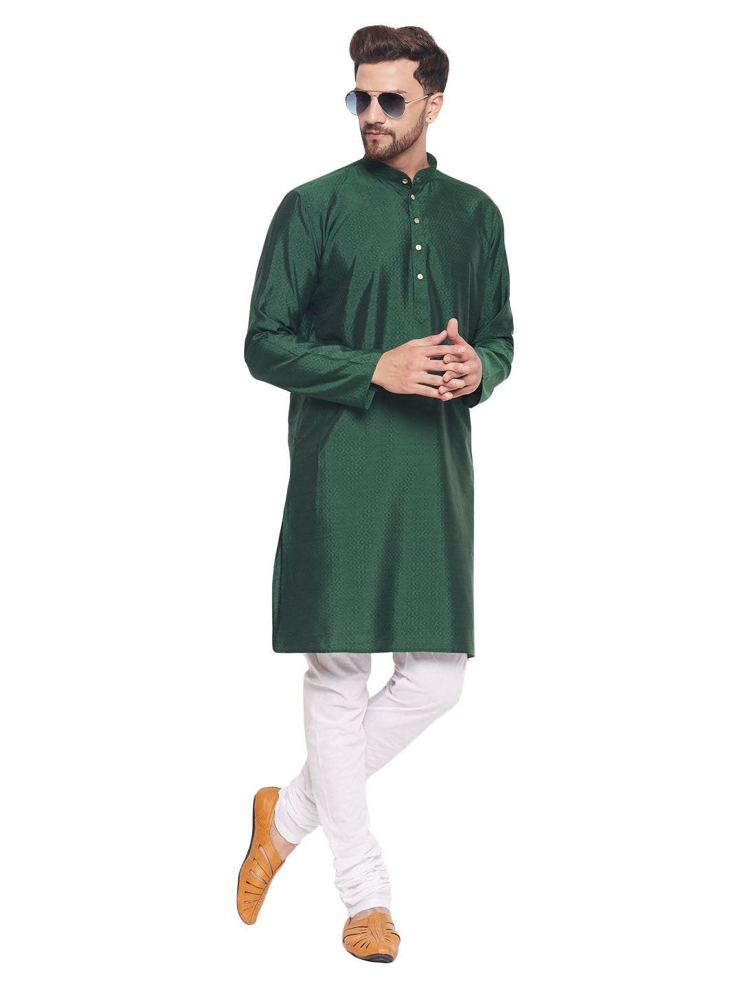 Men's Classic Ethnic Motif Jacquard Silk Blend Kurta With Golden Buttons And White Cotton Pyjama - Vastramay