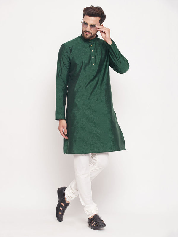 Jashvi Men's Green Square Woven Silk Blend Kurta With Cream Pyjama Set