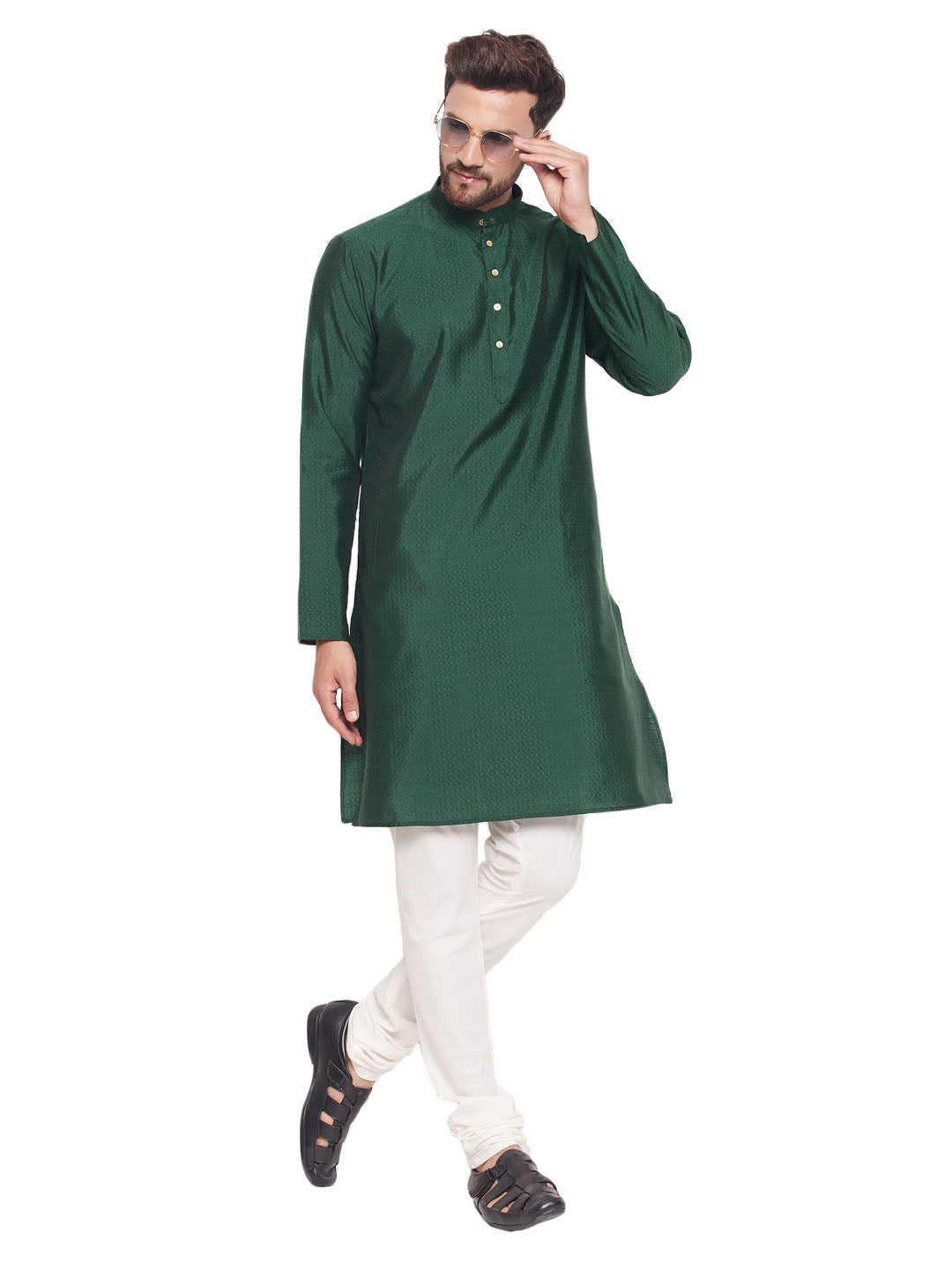 Men's Classic Ethnic Motif Jacquard Silk Blend Kurta With Golden Buttons And Cream Pyjama - Vastramay