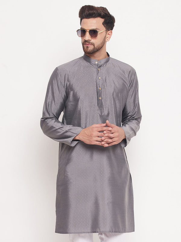 Jashvi Men's Grey Square Woven Design Silk Blend Kurta