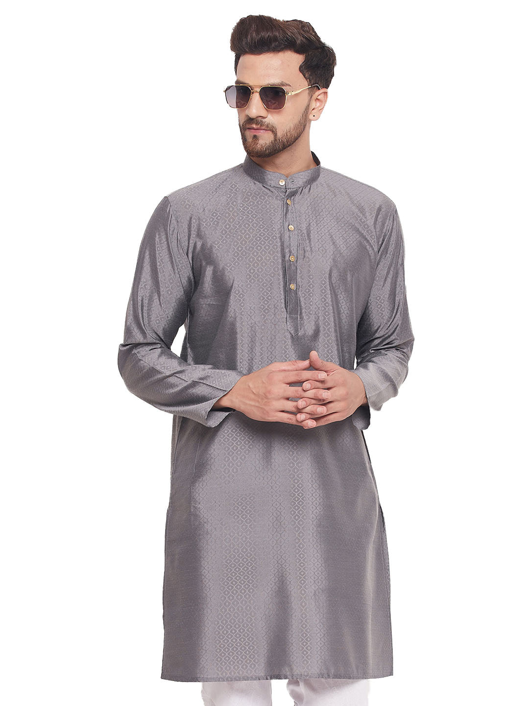 Men's Classic Ethnic Motif Jacquard Silk Blend Kurta With Golden Buttons - Vastramay