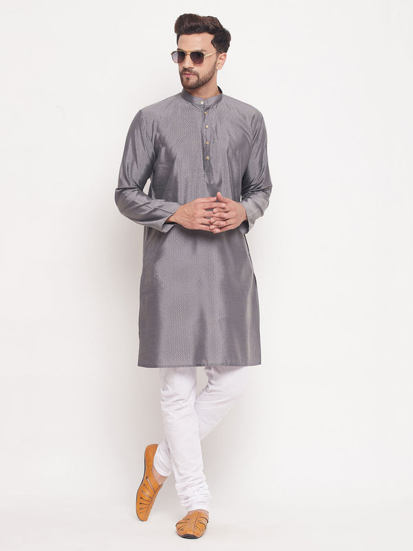 Jashvi Men's Grey Square Woven Design Silk Blend Kurta With White Pyjama Set