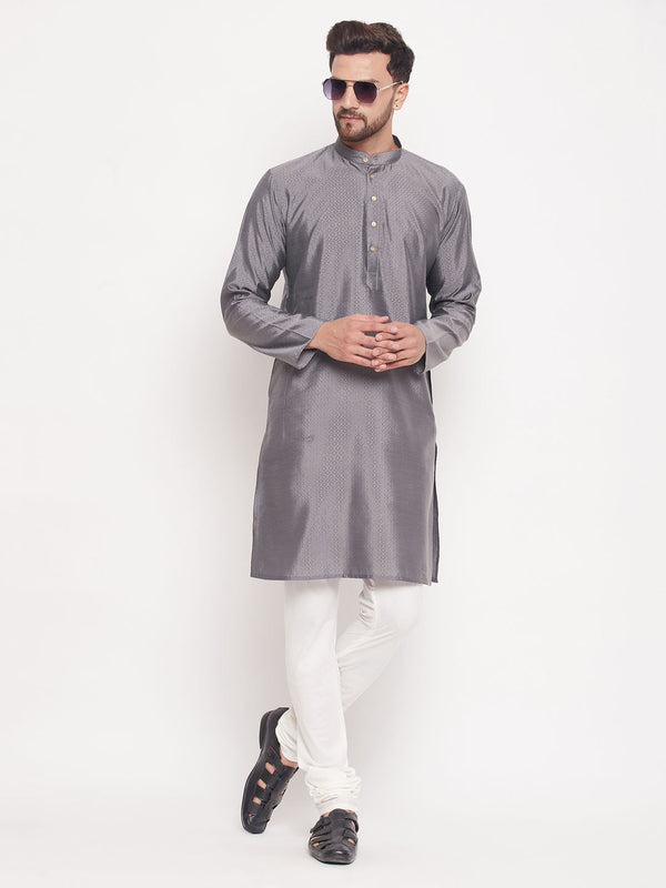 Jashvi Men's Grey Square Woven Design Silk Blend Kurta With Cream Pyjama Set