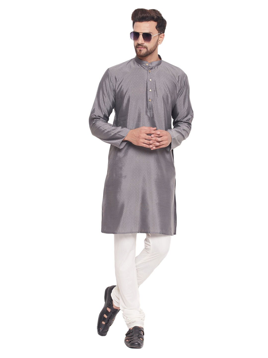 Men's Classic Ethnic Motif Jacquard Silk Blend Kurta With Golden Buttons And Cream Pyjama - Vastramay