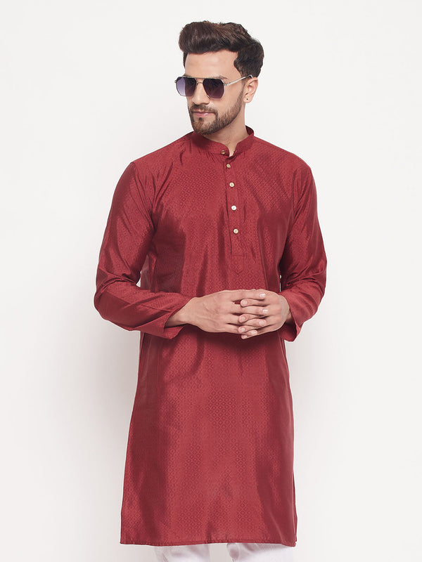 Jashvi Men's Maroon Square Woven Design Silk Blend Kurta