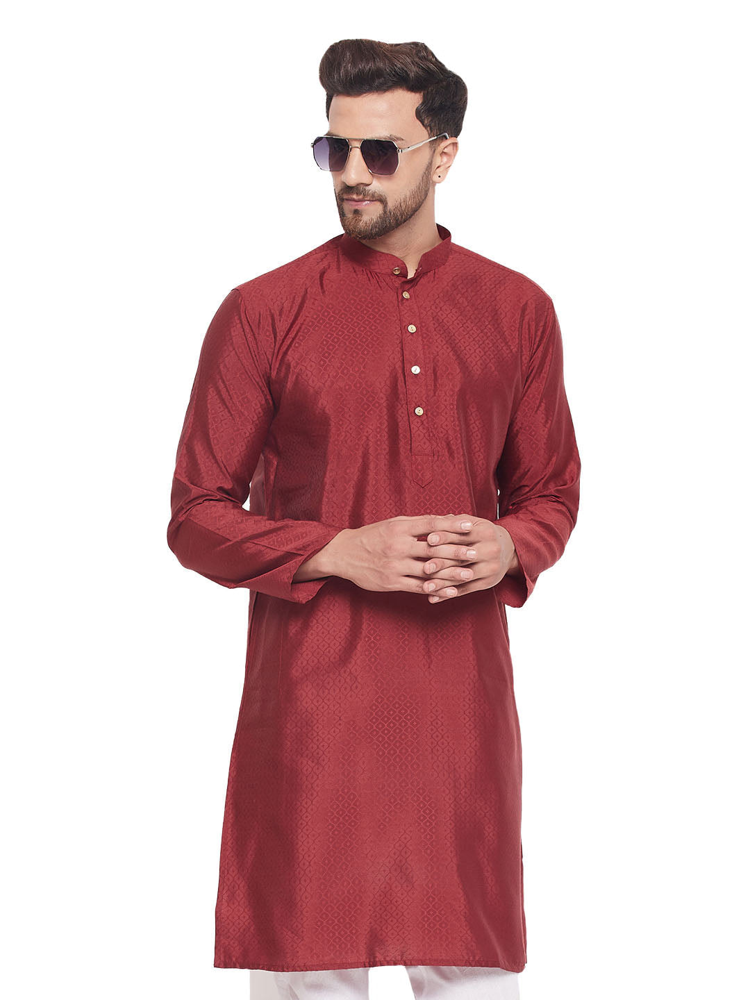 Men's Classic Ethnic Motif Jacquard Silk Blend Kurta With Golden Buttons - Vastramay