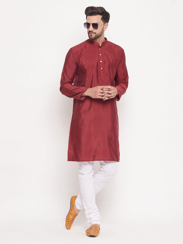 Jashvi Men's Maroon Square Woven Silk Blend Kurta With White Pyjama Set