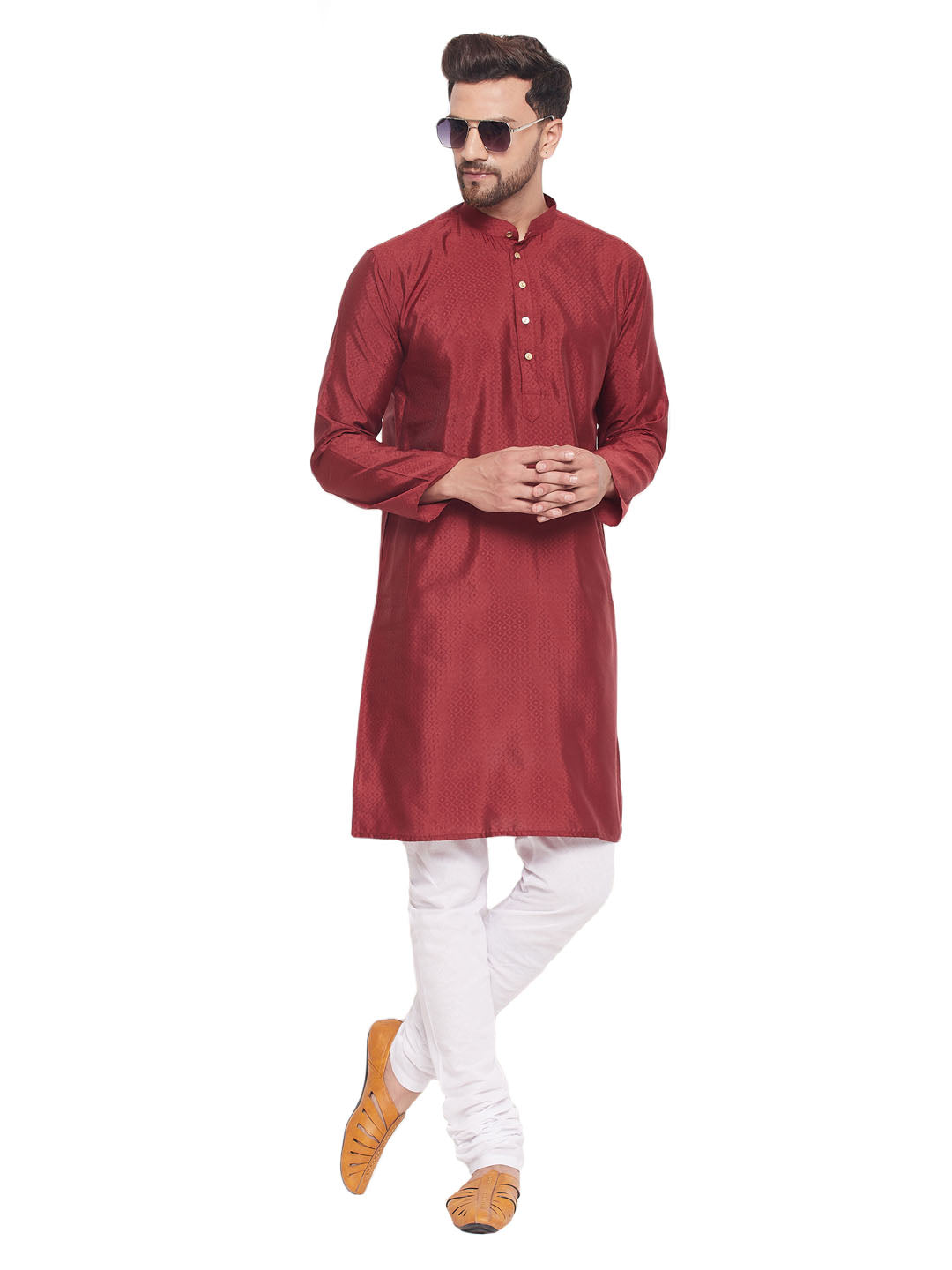 Men's Classic Ethnic Motif Jacquard Silk Blend Kurta With Golden Buttons And White Cotton Pyjama - Vastramay