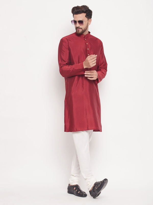 Jashvi Men's Maroon Square Woven Design Silk Blend Kurta With Cream Pyjama Set