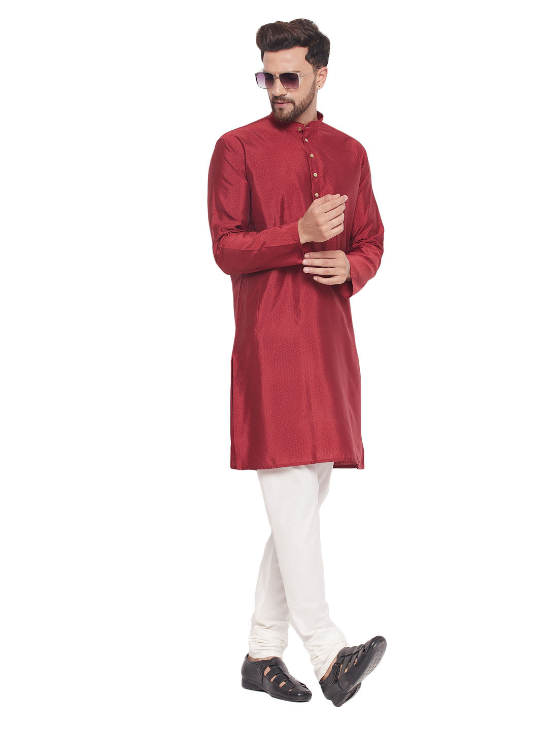 Men's Classic Ethnic Motif Jacquard Silk Blend Kurta With Golden Buttons And Cream Pyjama - Vastramay