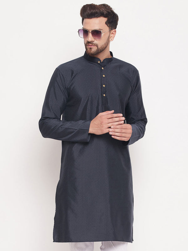 Jashvi Men's Navy Blue Square Woven Design Silk Blend Kurta