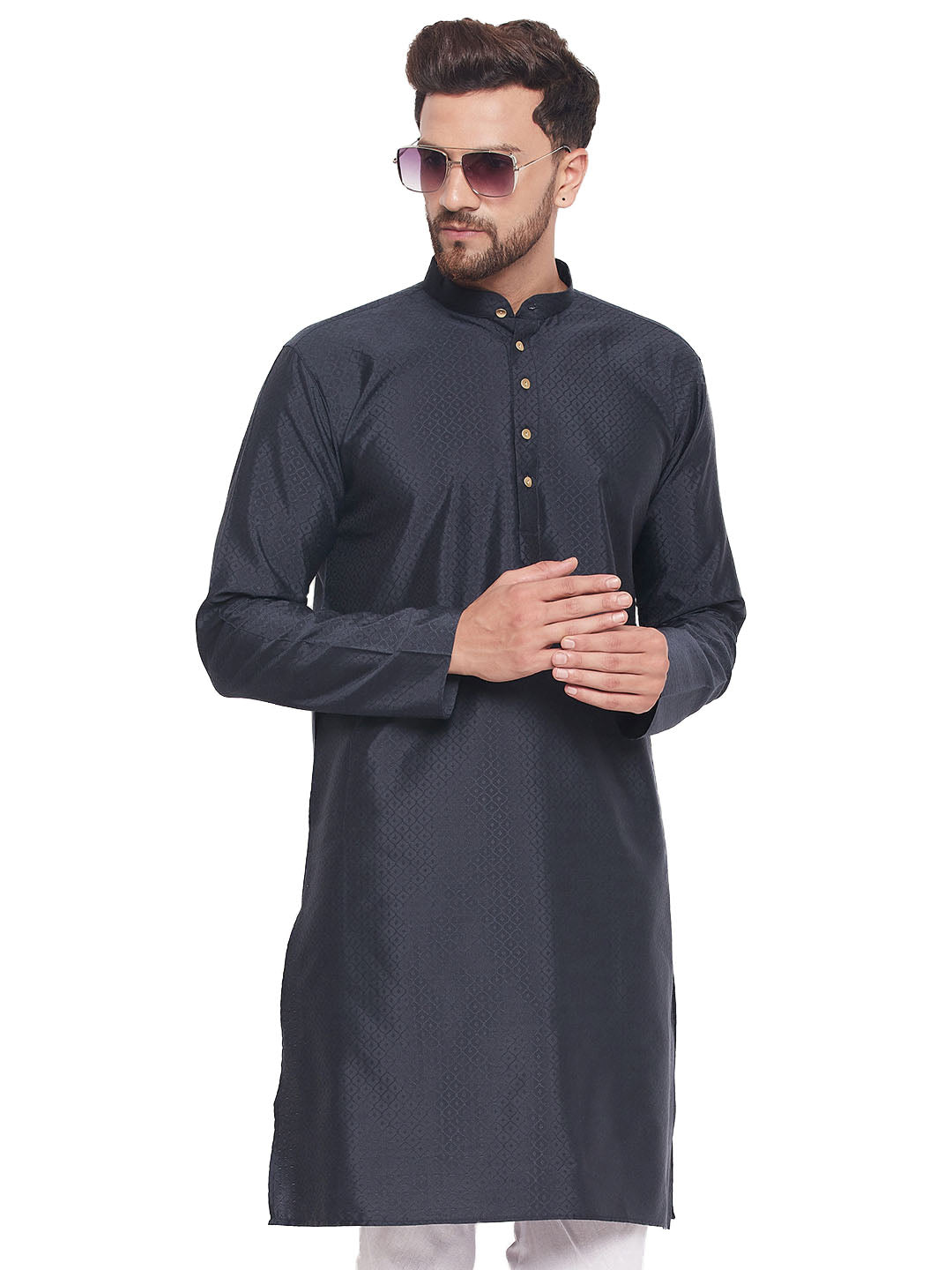 Men's Classic Ethnic Motif Jacquard Silk Blend Kurta With Golden Buttons - Vastramay