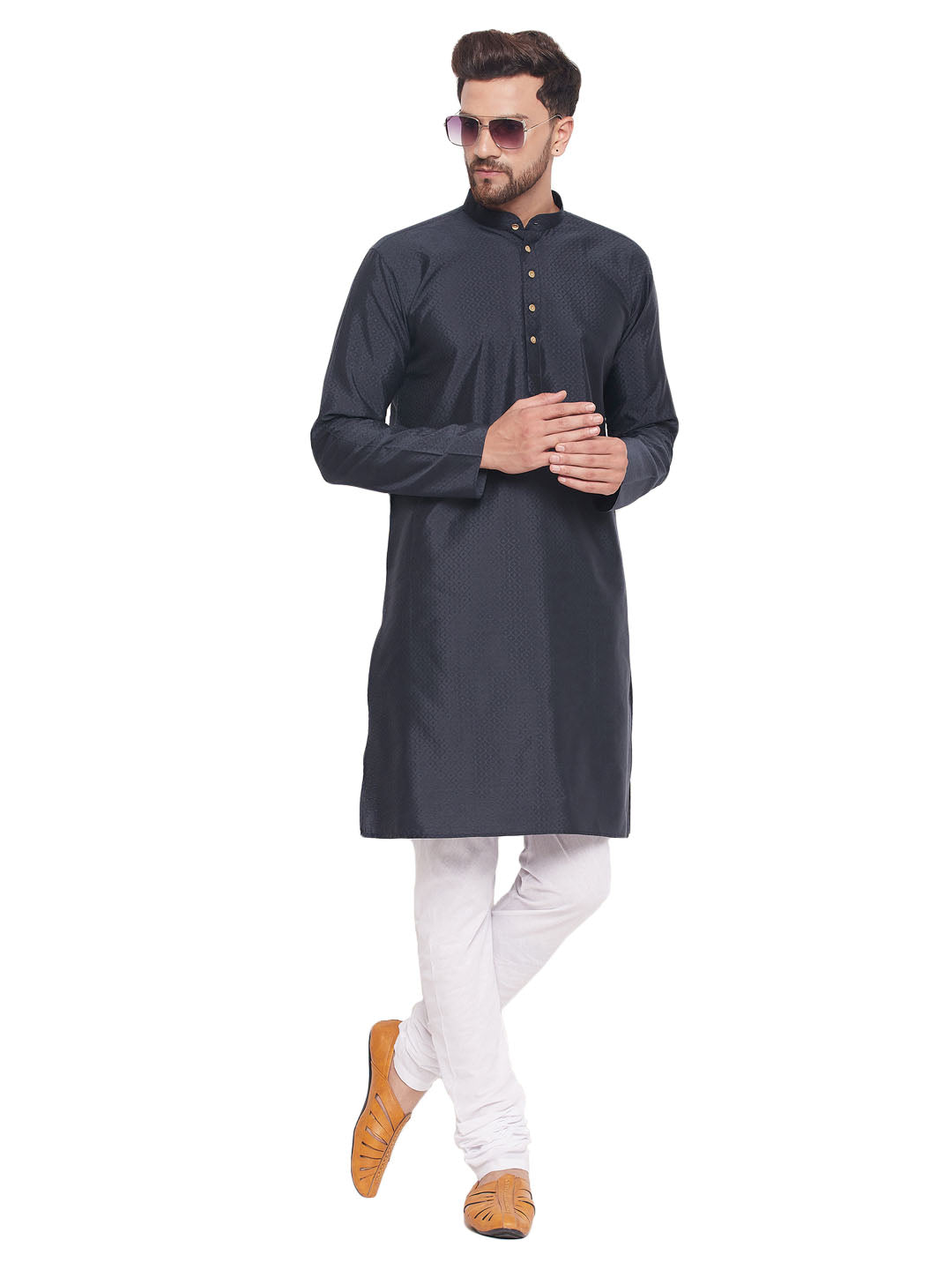 Men's Classic Ethnic Motif Jacquard Silk Blend Kurta With Golden Buttons And White Cotton Pyjama - Vastramay